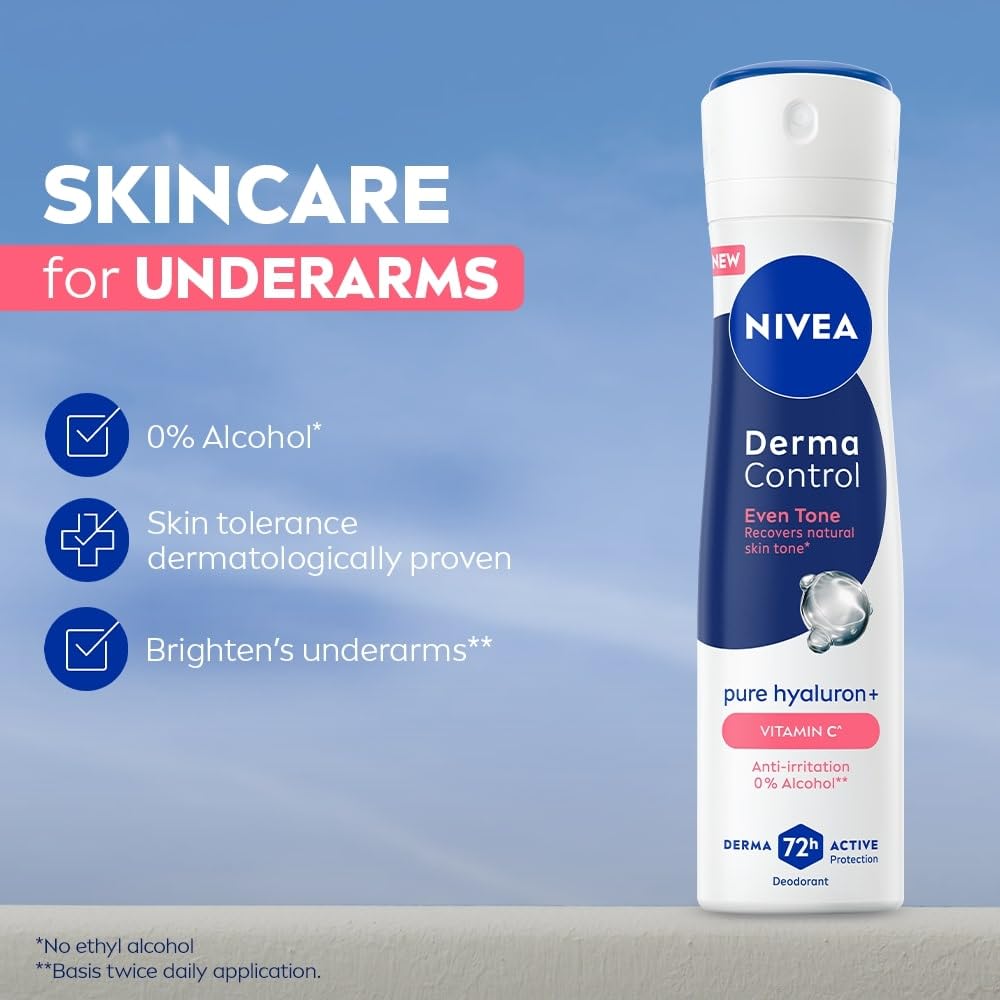 NIVEA Derma Control Eventone, 0% Alcohol, Pure Hyaluron & VitC Underarm Deo SprayWomen 150ml