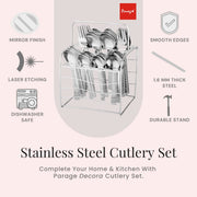 Parage 25 Pieces Decora Premium Stainless Steel Cutlery Set For Home & Kitchen (Contains: 6 Table Spoons, 6 Forks, 6 Master Spoons, 6 Soup Spoons, 1 SS Stand) Spoon Set, Dining Tableware Fancy- Silver