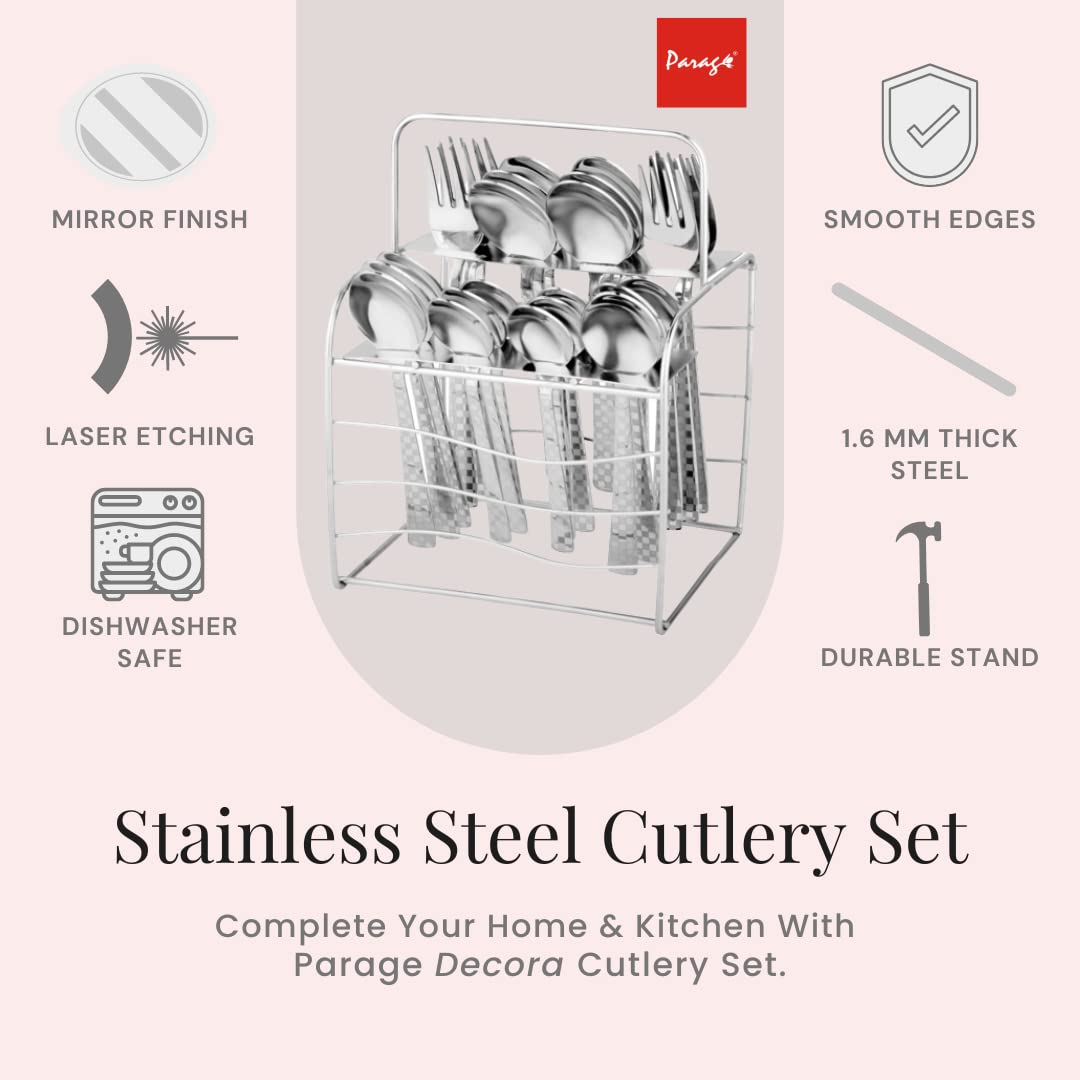 Parage 25 Pieces Decora Premium Stainless Steel Cutlery Set For Home & Kitchen (Contains: 6 Table Spoons, 6 Forks, 6 Master Spoons, 6 Soup Spoons, 1 SS Stand) Spoon Set, Dining Tableware Fancy- Silver