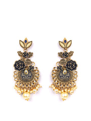 Priyaasi Black Kundan Beads Pearls Gold Plated Floral Drop Earring