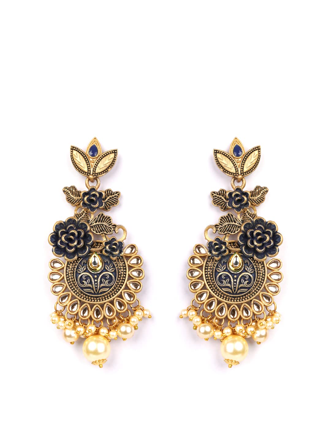 Priyaasi Black Kundan Beads Pearls Gold Plated Floral Drop Earring