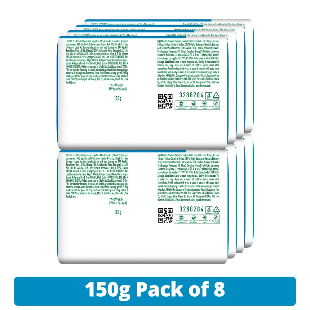 Dettol Icy Cool Bathing Soap Bar With 2X Menthol - 150Gm Each (Pack Of 8)
