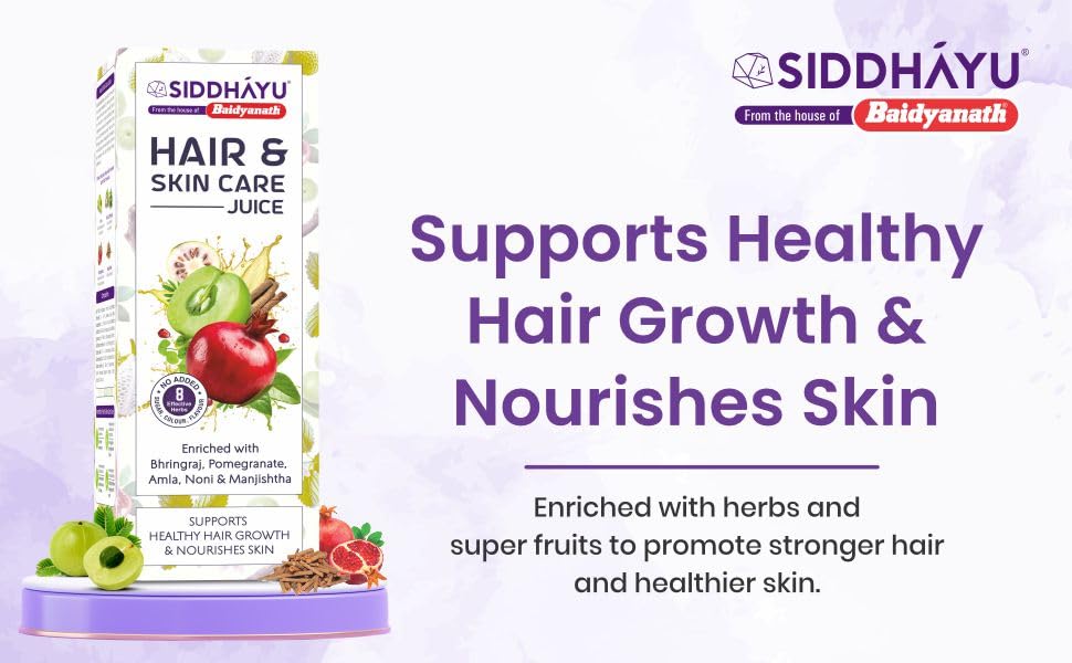 Baidyanath Asli Ayurved Hair and Skin Care Juice | With Bhringraj, Amla, Pomegranate, Noni & Manjishtha | Herbal Juice for Daily Wellness | No Added Sugar or Colour | 1L