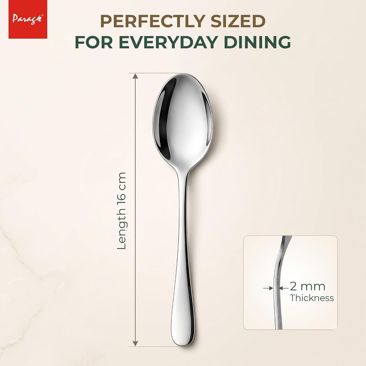 Parage Tiara Stainless Steel Dinner Spoon Set of 6, Length 16cm Tableware with 2mm Thickness Spoons, Mirror Finish for Home Kitchen Dining