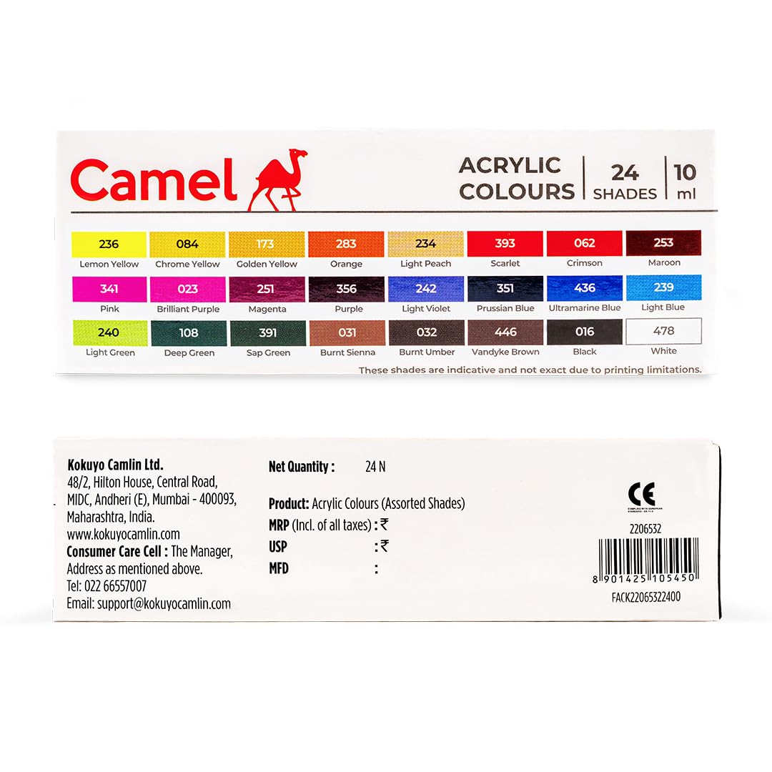 Camel Acrylic Ultra Colour – 24 Rich Shades (10ml each) | Multi-Surface DIY Paints | Vibrant & Permanent Colors | Suitable on Canvas, Wood, Fabric, Paper and Ceramics
