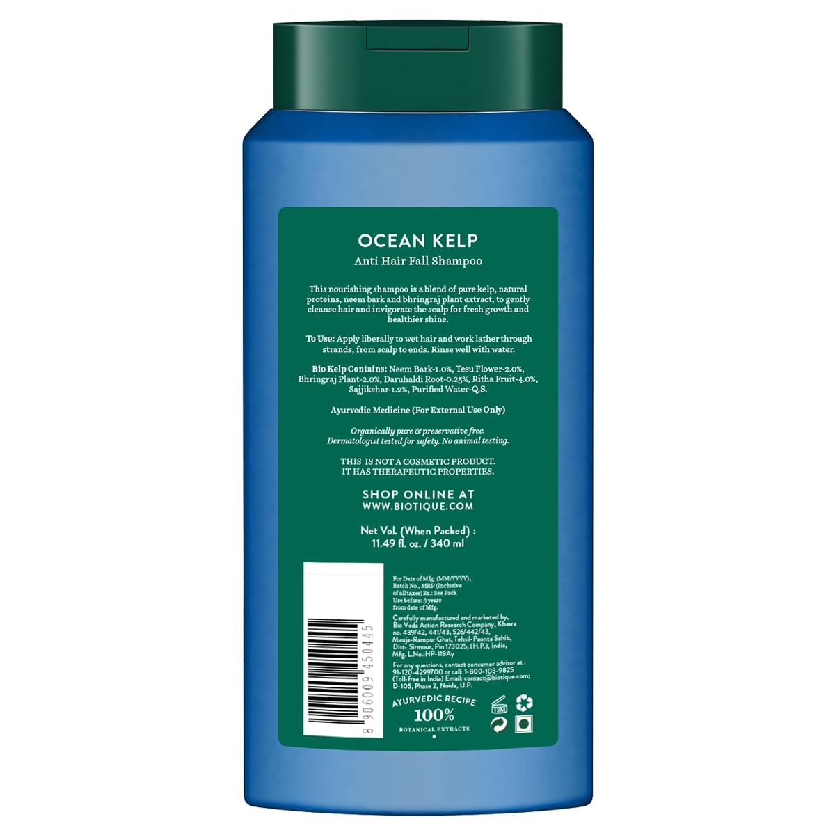 Biotique Ocean Kelp Anti Hairfall Shampoo | Intensive Hair Growth Therapy| Anti Hairfall Shampoo that Maintains Shine |100% Botanical Extracts | Suitable for All Hair Types |340ml