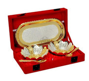 DSH Silver and Gold Plated Floral Bowl Set with Serving Spoons and Tray Used for Dry Fruit, Sweets Home Decor Item with Velvet Box