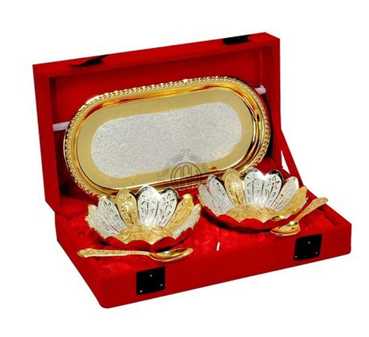 DSH Silver and Gold Plated Floral Bowl Set with Serving Spoons and Tray Used for Dry Fruit, Sweets Home Decor Item with Velvet Box