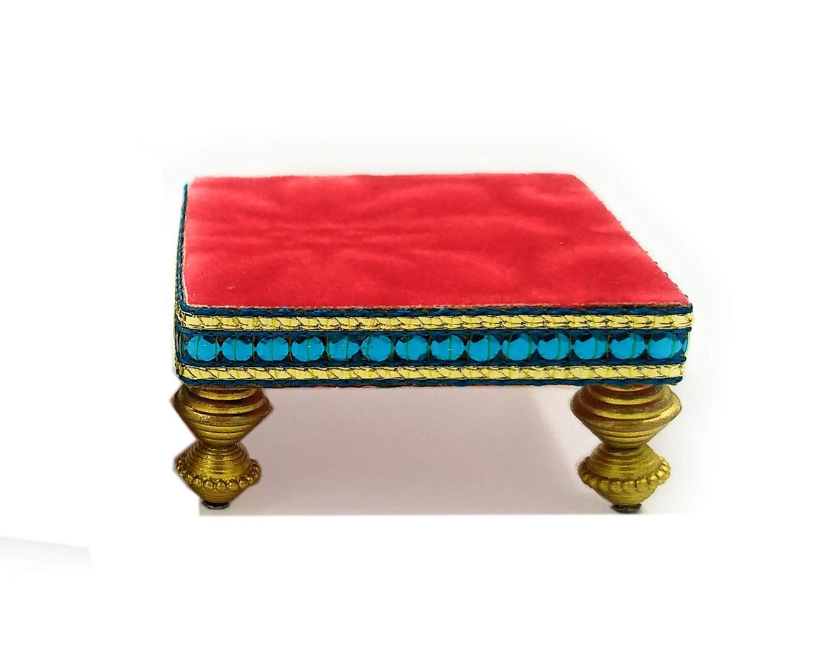 SHINDE EXPORTS Wooden Meenakari Velvet Chowki Bajot choki chaurang patla for Idols and Pooja Articles (red, 8.5x8.5cm)