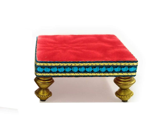 SHINDE EXPORTS Wooden Meenakari Velvet Chowki Bajot choki chaurang patla for Idols and Pooja Articles (red, 8.5x8.5cm)