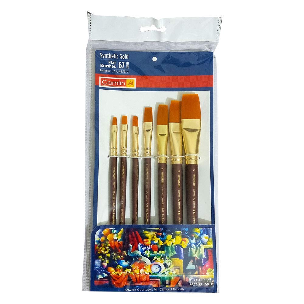 Camel Camlin Kokuyo Acrylic Ultra Colors-10 Ml Each, 6 Shades, Assorted & Wood Paint Brush 67 - Flat Synthetic Gold, Set Of 7