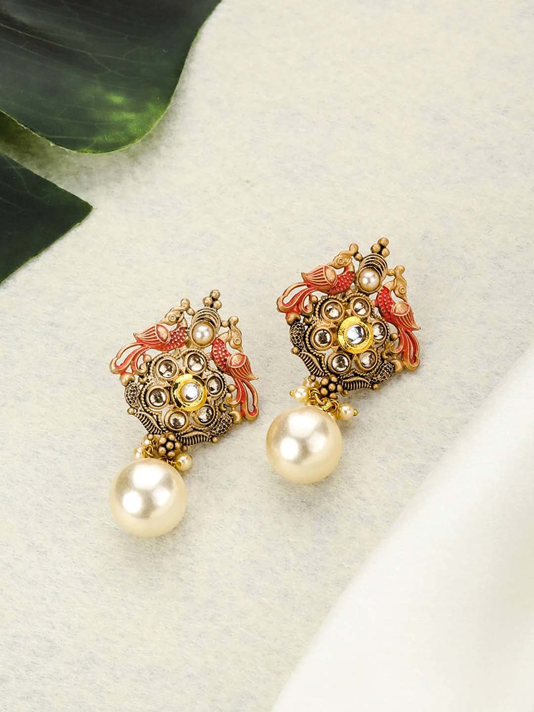 Priyaasi Pink Kundan Pearls Gold Plated Peacock Drop Earring for Women
