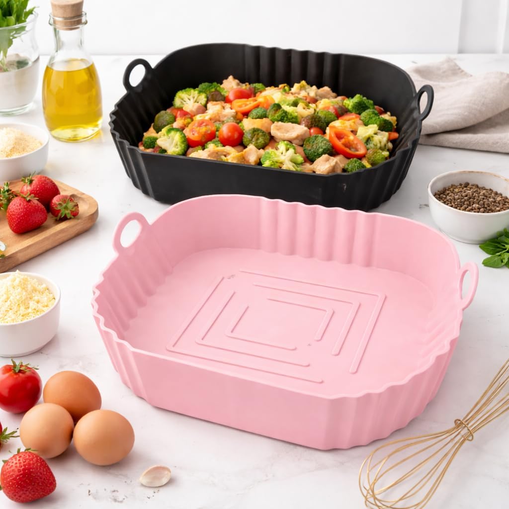 E-COSMOS® Square Silicone Air Fryer Liners (Set of 2), 8-Inch Reusable Nonstick Baking Trays with Handles,Heat Resistant Air Fryer Oven Accessories, Multicolor