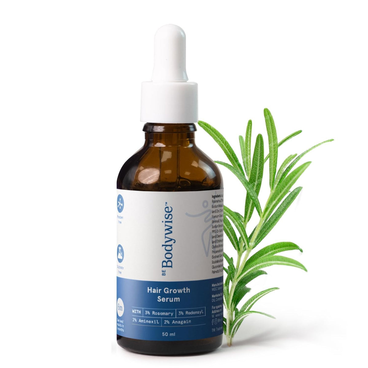 Be Bodywise Rosemary Hair Serum | With 3% Redensyl & 2% Anagain | For Thicker & Stronger Hair | Prevents Hair Fall & Stimulates Follicles | For All Hair Types | 50ml