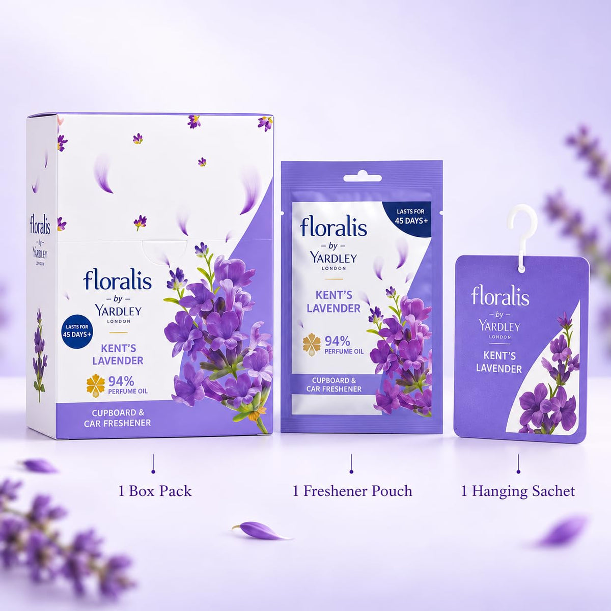 Yardley London Floralis Kent's Lavender Cupboard & Car Freshener (10g) | 94% Perfume Oil Sachet | Long-Lasting Fragrance Up to 45 Days for Wardrobes, Drawers & Cars (Kent Lavender) (Pack of 6)
