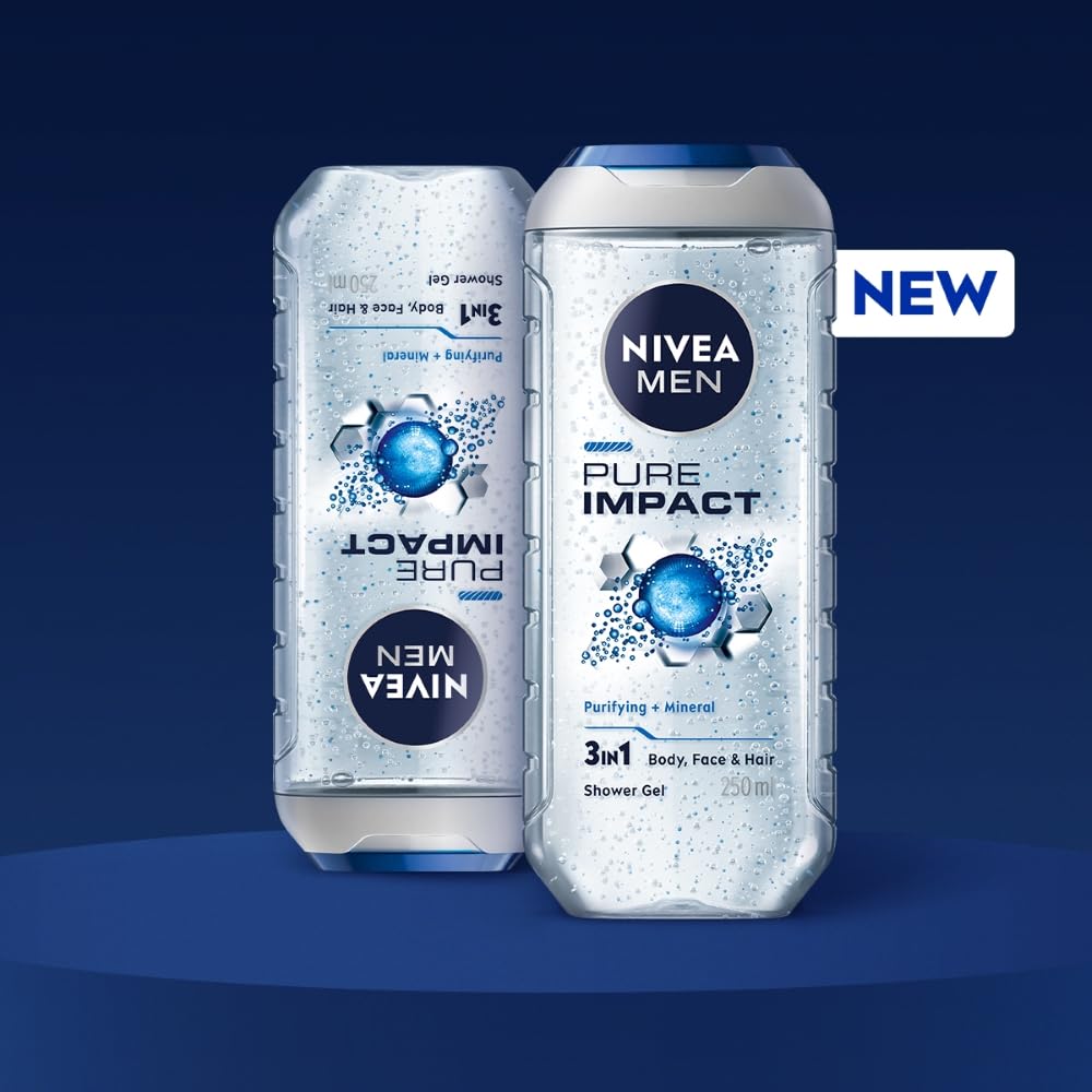 NIVEA MEN Pure Impact 250ml Body Wash| Shower Gel for Face, Body & Hair| Purifying Micro Particles for Extra Fine Scrub & Instant Summer Freshness|Clean, Healthy & Moisturized Skin
