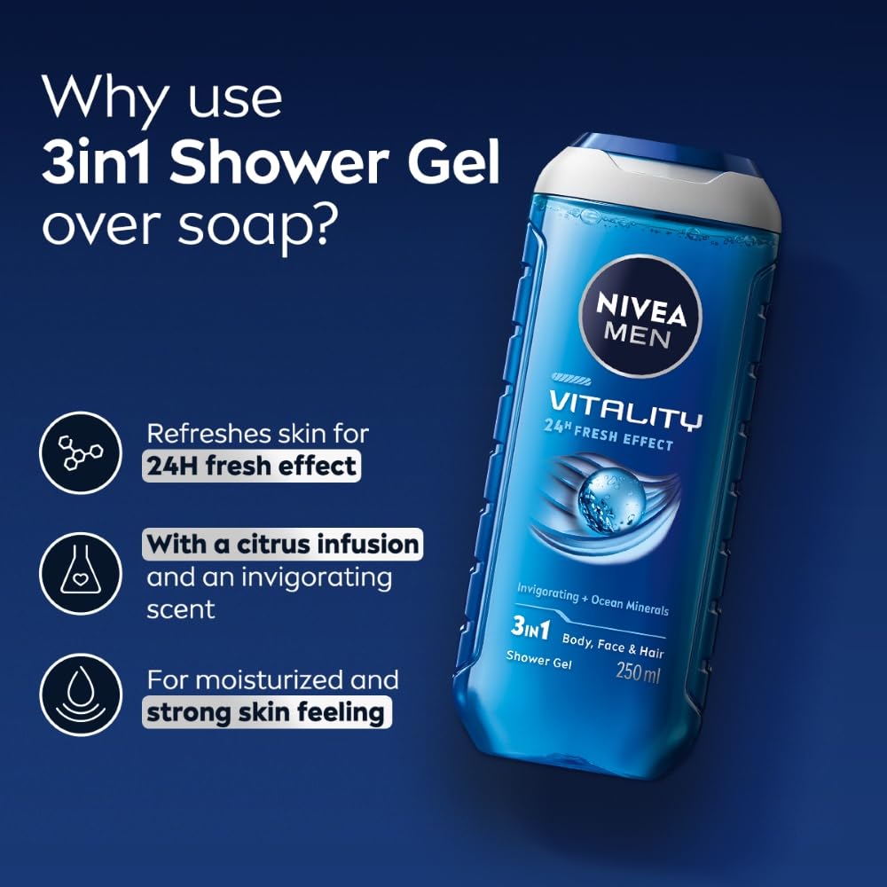 NIVEA MEN Vitality Fresh 250ml Body Wash| Shower Gel for Face, Body & Hair| Power of Ocean Minerals| Long Lasting Summer Freshness |Clean, Healthy & Moisturized Skin