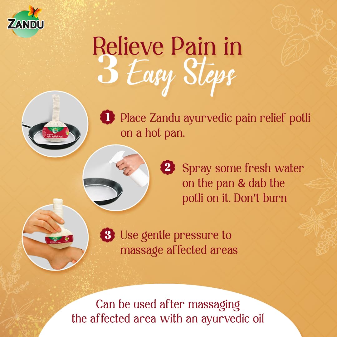 Zandu Ayurvedic Pain Relief Potli -180g |Manual Massager Potli | Alleviate Knee, Back, Neck & Leg Pain| Reduce Swelling | Improve Blood Flow with Pain Relief Potli | Blend of 17 Potent Ayurvedic Herbs