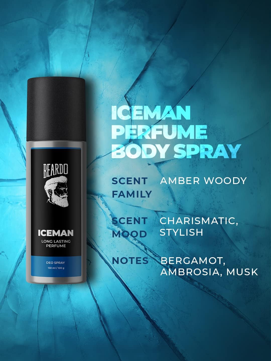 Beardo ICEMAN Body Spray for Men | Long Lasting Deodorant | Fragrance Body Spray | Amber Woody, Aromatic Fresh | Gift for Men & Friends | 150ml