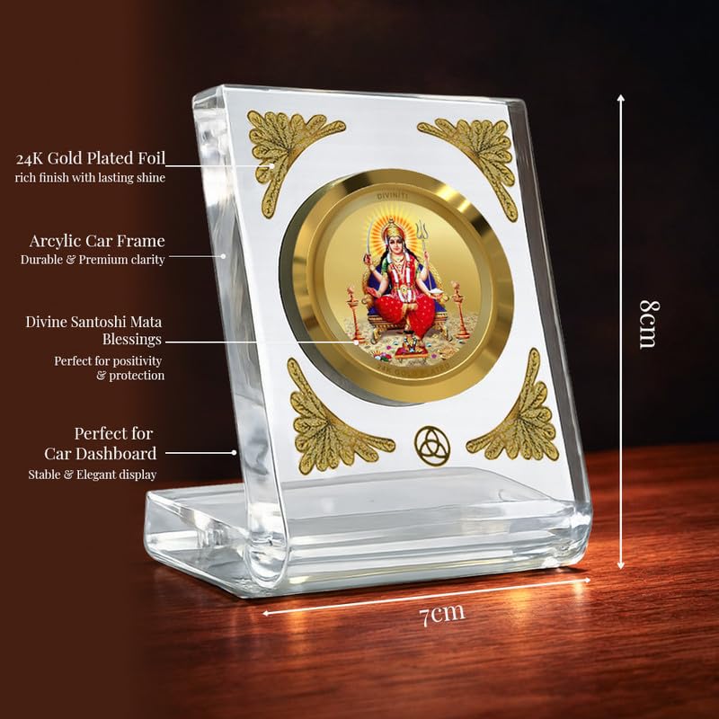 DIVINITI 24K Gold Plated Religious Car Dashboard Frame | Premium God Idol Frame for Car, Home Mandir & Office Table | Spiritual Gift, Decorative Showpiece | Santoshi Mata