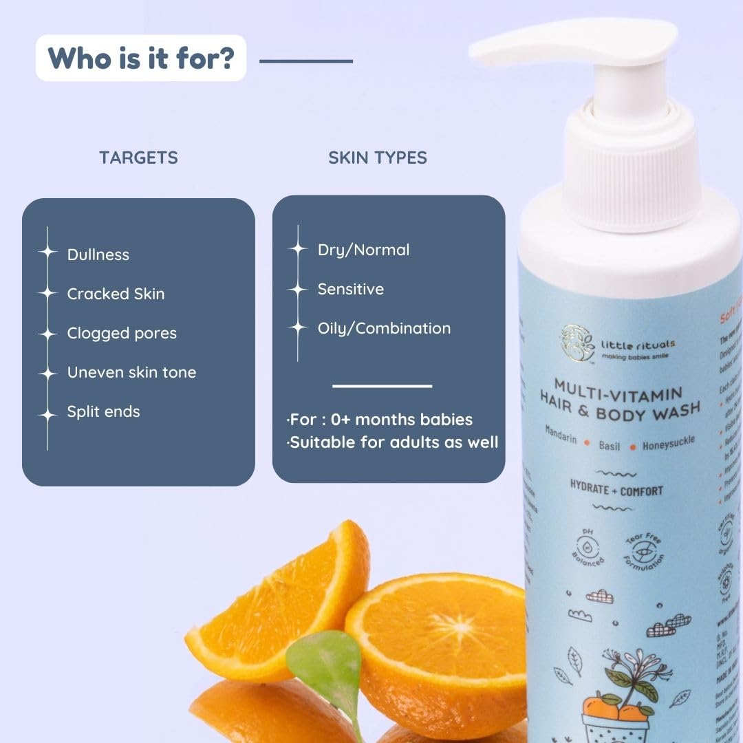 Little Rituals Baby Multi-Vitamin Body & Hair Wash - Tear Free + pH 5.5. Formulated with the best plant botanical - HONEYSUCKLE, BASIL, MANDARIN. Natural, Organic, Dermat tested, SWISS Technology (200ml)