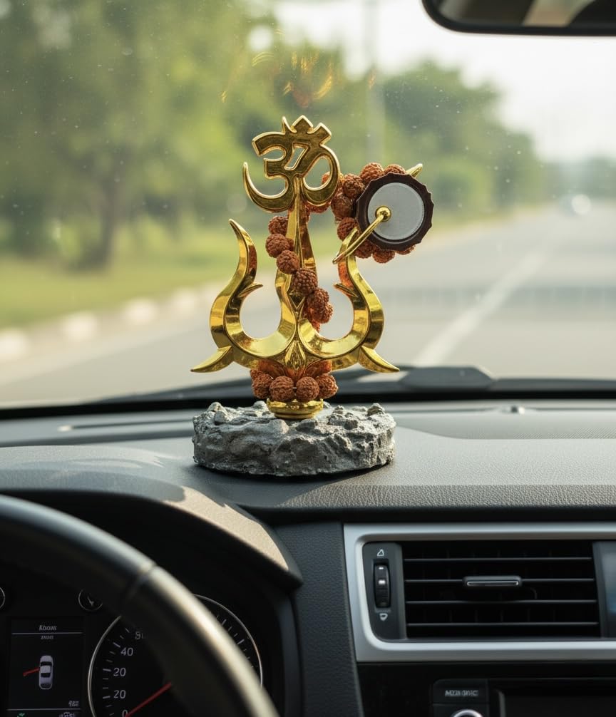 RUDRADIVINE Lord Shiva Om Trishul with Damru & Rudraksha Mala Idol | Mahadev Spiritual Statue for Home Temple, Car Dashboard, Pooja Decor
