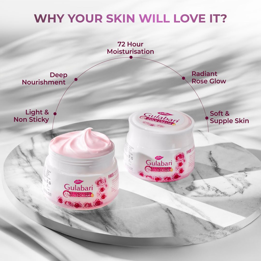 Dabur Gulabari Moisturizing Cold Cream 100gm + Lip Balm 8gm (Free) | With Goodness of Natural Rose Oil & Vitamin E | Intense Hydration and Deep Moisturization | For Smooth & Soft skin | All Skin types