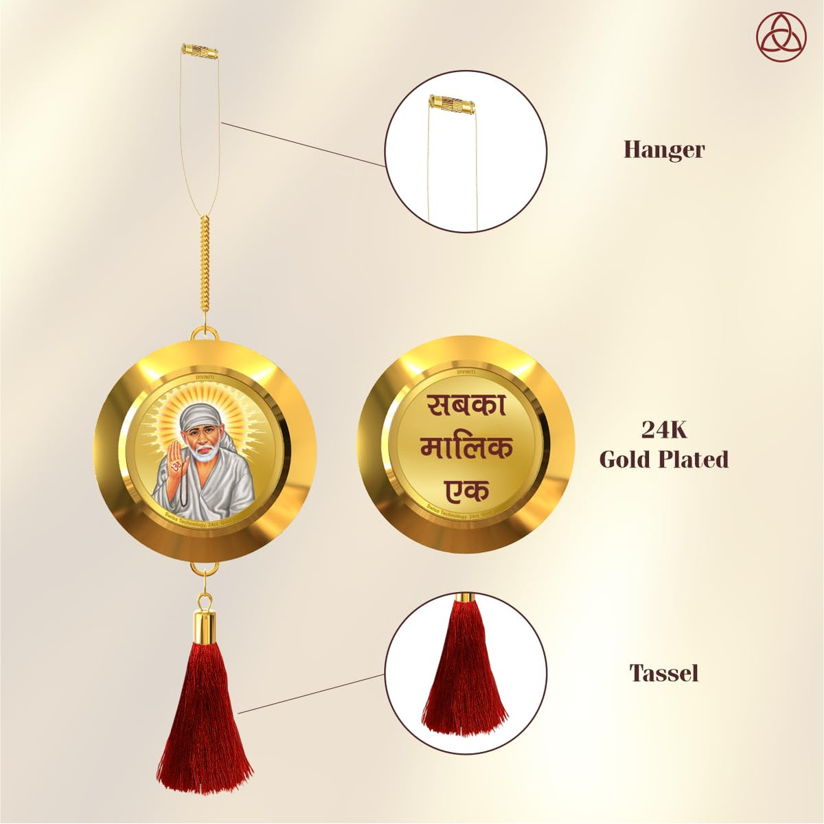 Diviniti 24K Gold Plated Double Sided Sai Baba and OM Car Hanging Sai Baba Dangler Interior Decor Luxurious Gold Plated Hangings Divine Car Accessories for Positive Energy Protection