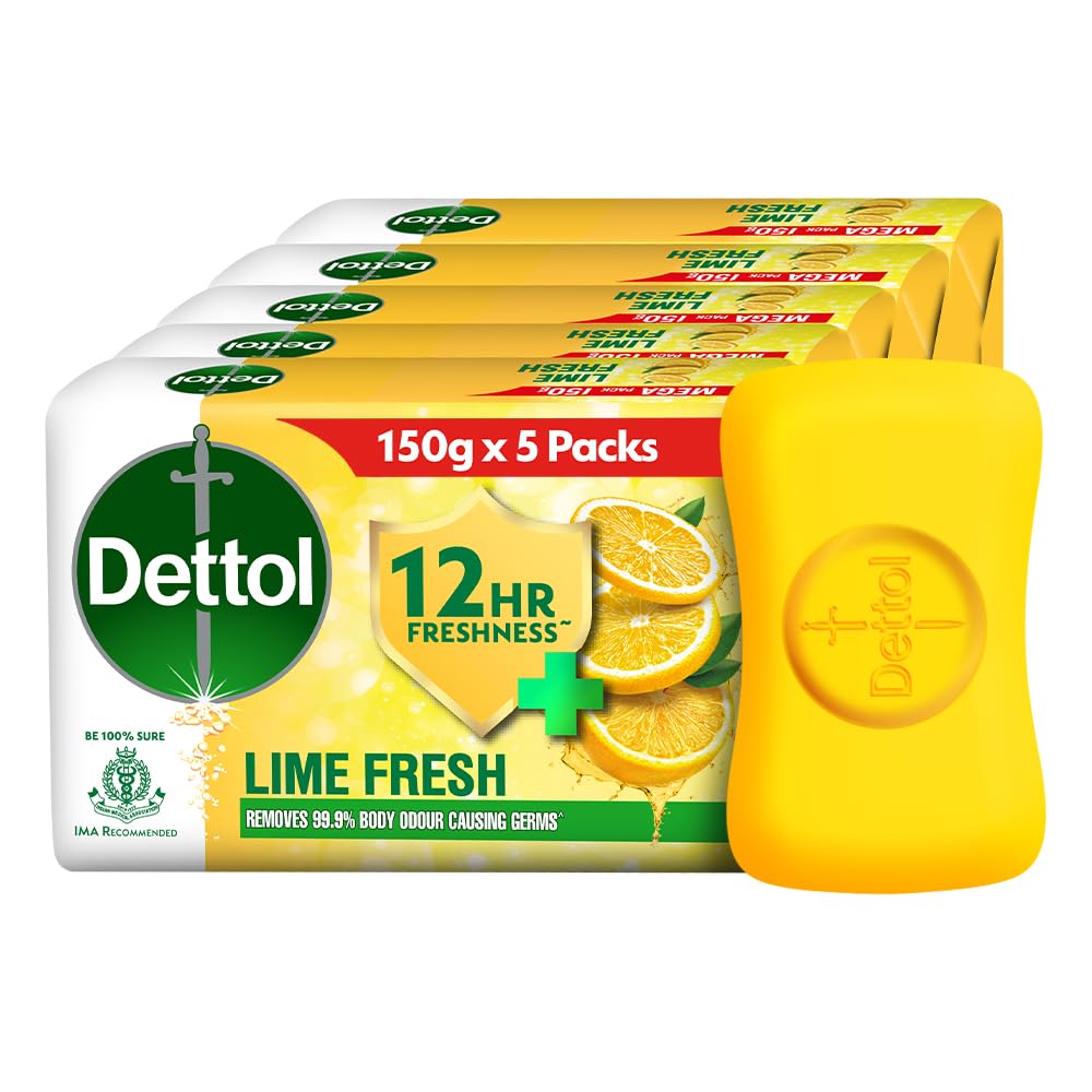 Dettol Lime Fresh (Lime Cool) Bathing Soap Bar with 12hr Freshness (750gm) |Long Lasting Freshness, 150gm Pack of 5 (3308672)