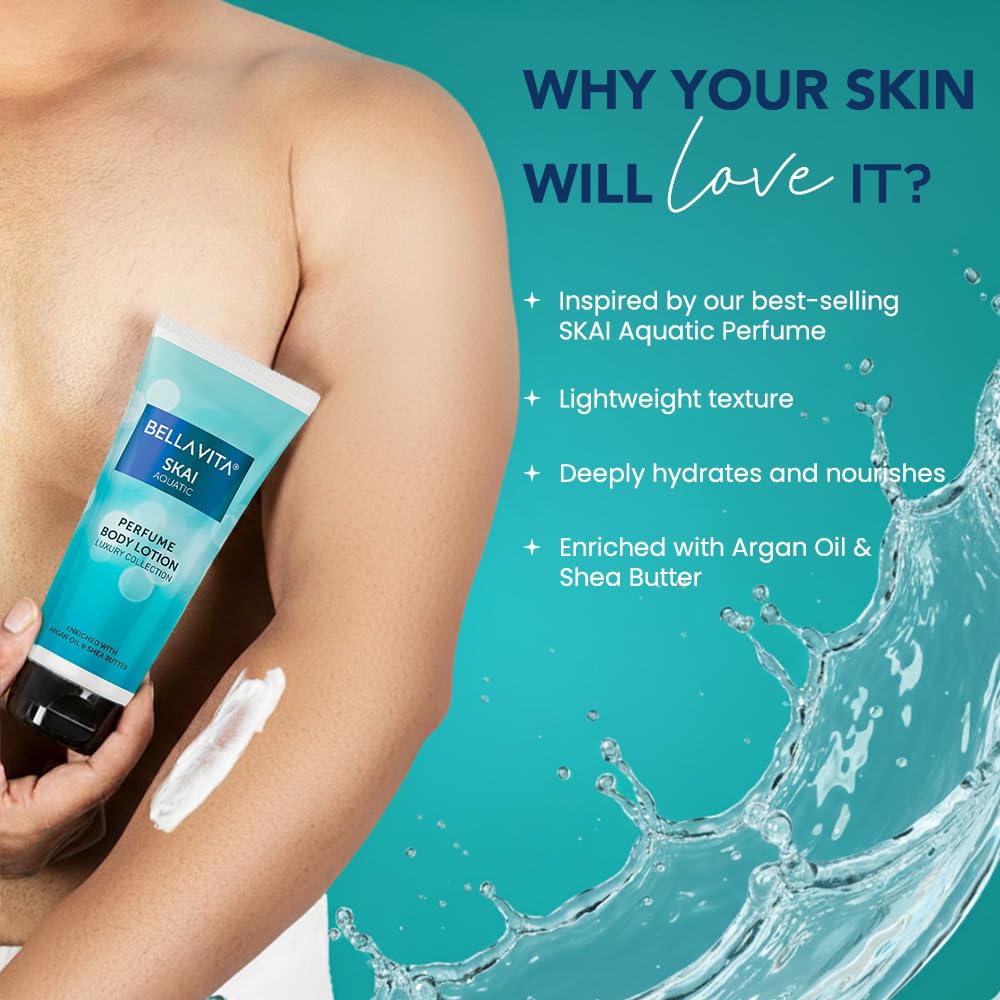 Bella Vita Luxury Skai Aquatic Perfume Body Lotion for Nourishing, Hydrating, Soft, Supple and Healthy Skin with Argan Oil, Shea Butter 200 Ml