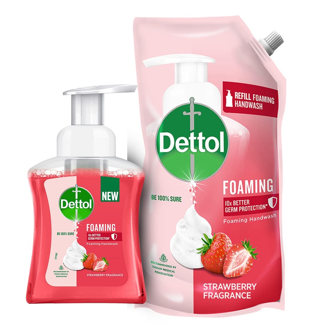 Dettol Foaming Handwash Pump + Refill Combo, Strawberry (250ml + 700ml) | Rich Foam | Moisturizing Hand Wash | Soft on Hands