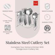 Parage 25 Pieces Aura Stainless Steel Cutlery Set with Stand for Home & Kitchen (Contains: 6 Table Spoons, 6 Forks, 6 Tea Spoons, 6 Dinner Spoons, 1 Stand), Silver
