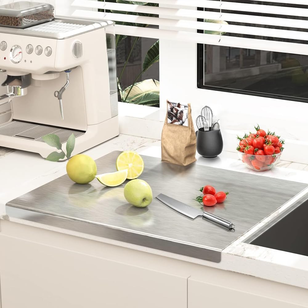 E-COSMOS® Large Stainless Steel Cutting Board for Kitchen,Chopping Board for Meat, Vegetables & Fruit, Extra Large Heavy Duty Countertop Surface, Easy to Clean & Durable