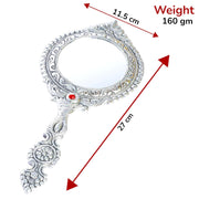 KridayKraft Beautifully Carved Round Shape Silver Plating Hand Mirror for Makeup, Travelling, Salon Mirror & Decorative Mirror Antique Item for Wedding Gifts.
