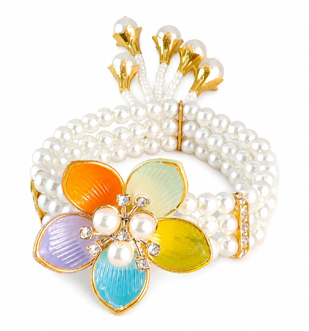 NMII Designer Plastic Pearl Bracelet For Women & Girls With Multicolor Flower Charm | Gold Tone Finish, Gemstone & Pearl Bead Work | Beautiful Hand Bracelet For Wedding, Party, Festival & Festive