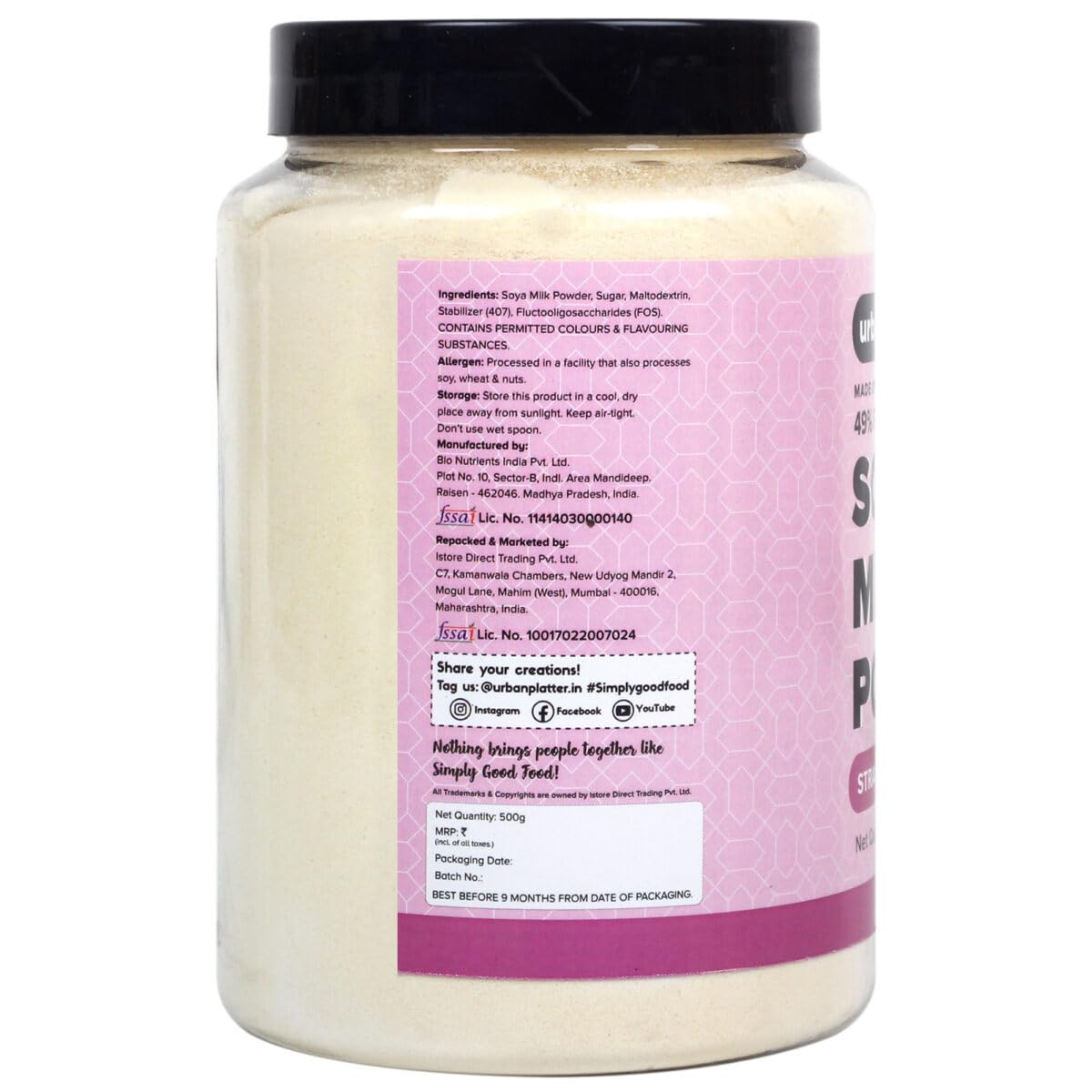 Urban Platter Strawberry Soya Milk Powder, 500g (Soy-Based Dairy Alternative | 25% Protein | Plant-Based | Non GMO)