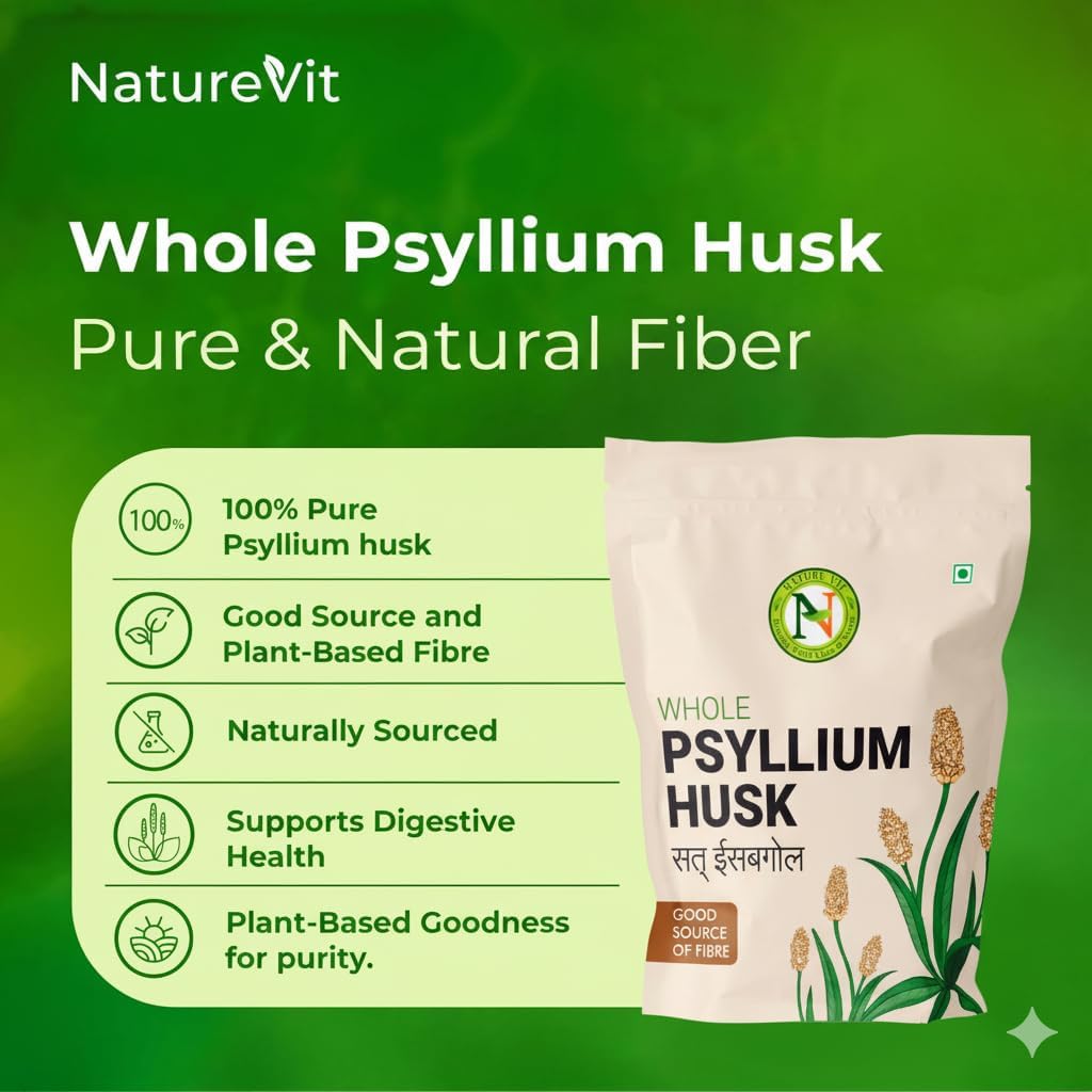 NatureVit Psyllium Whole Husk, 1kg [Sat Isabgol] [Fiber Supplement, Perfect for Keto Bread and Gluten Free Baking]