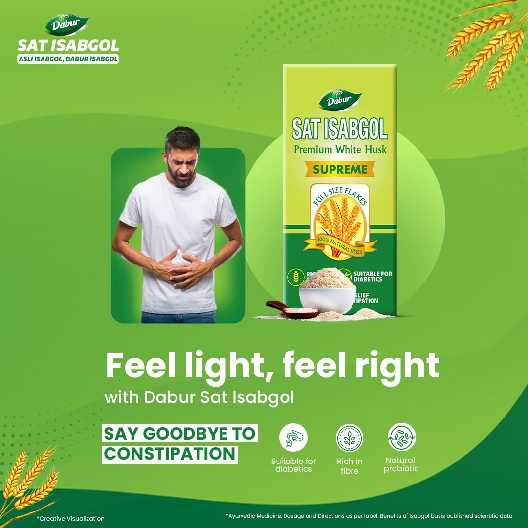 Dabur Sat Isabgol (Psyllium Husk) - 90g | Rich in Fiber | Provides Effective Relief from Constipation & Bloating | Promotes Bowel Health | Non-Habit Forming | 100% Ayurvedic