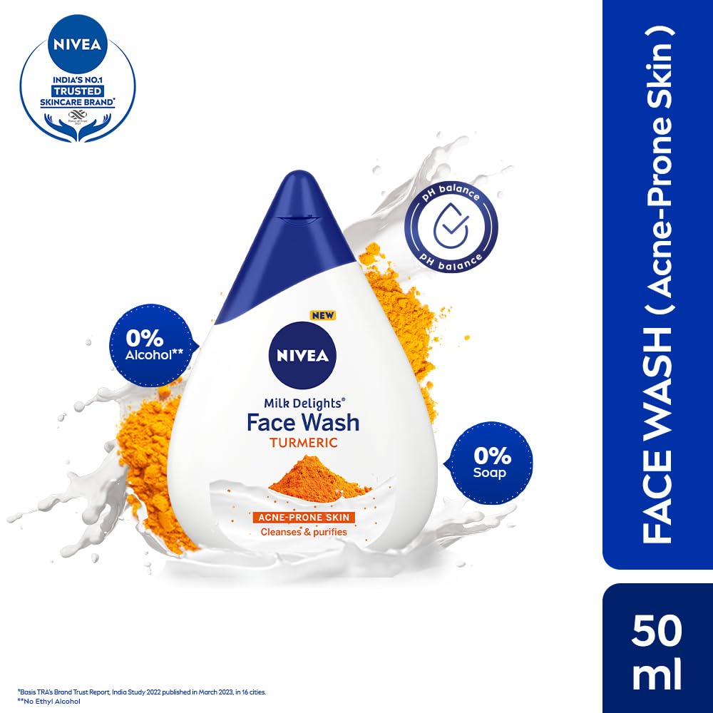 NIVEA Milk Delights Turmeric Face Wash 50ml | With Milk and Turmeric| Reduces 99.9% Pimple Causing Bacteria | Best Suited pH for Skin | All Skin Types