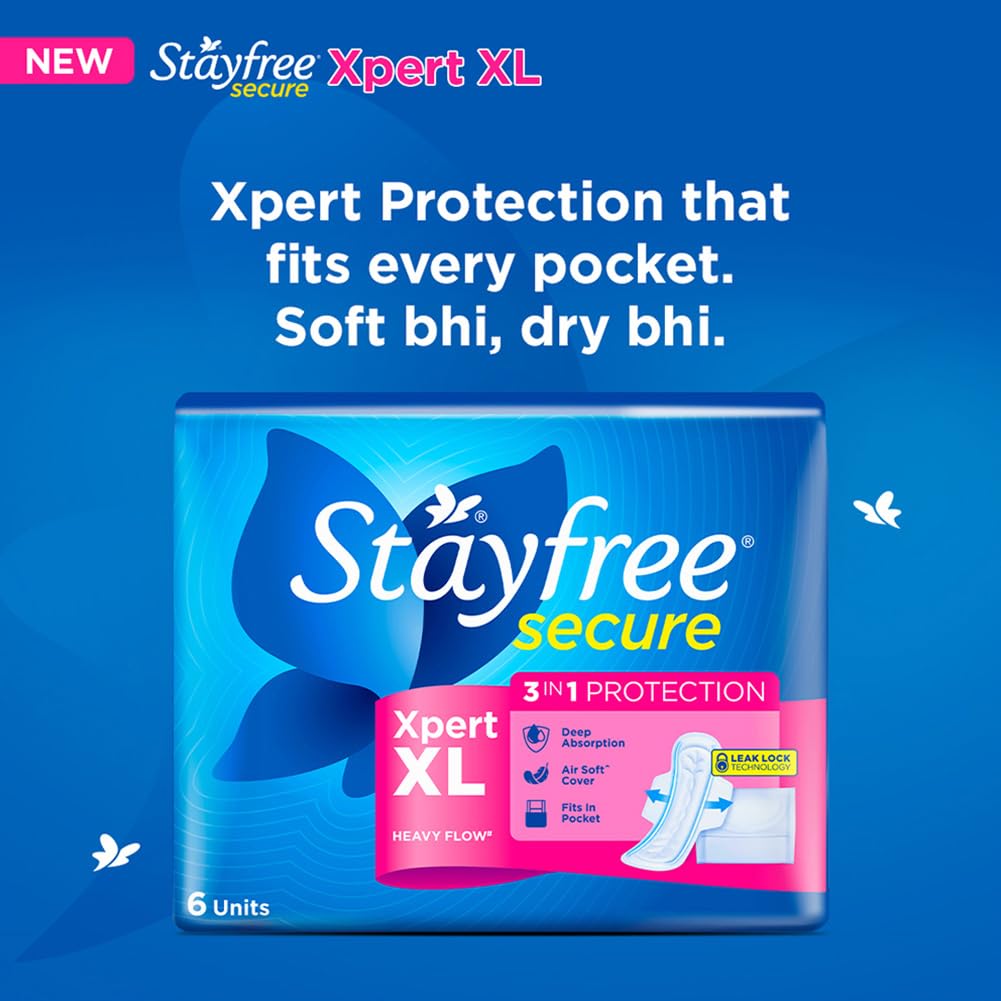 Stayfree Secure Xpert XL Sanitary Pads 6s | Longer & Wider Pads for Heavy Flow
