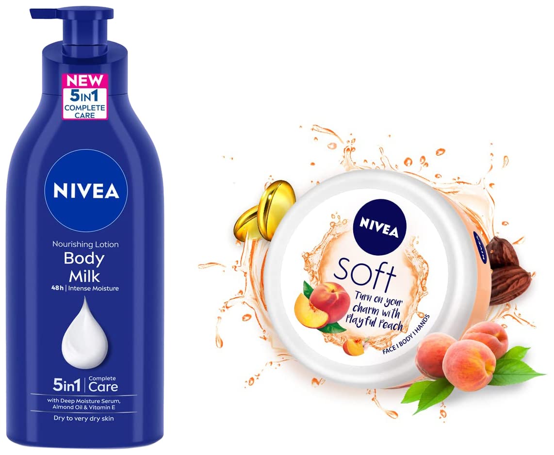 NIVEA Body Lotion for Very Dry Skin, 600 ml & NIVEA Soft Playful Peach, Light Moisturizer Cream for Face, Hands and Body, Instant Hydration, Non-Greasy Cream with Vitamin E & Jojoba Oil 200 ml