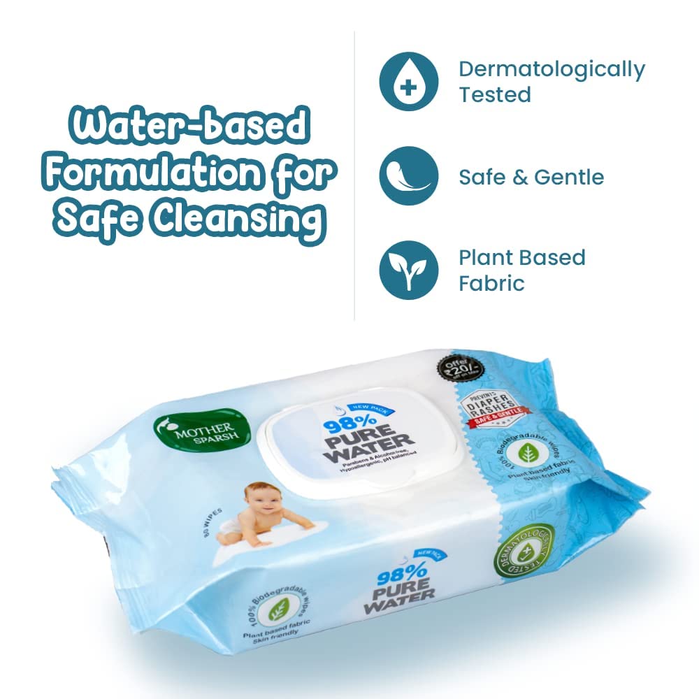 Mother Sparsh 98 Scented Water Cotton Plant Fabric, Biodegradable Wipe (Blue, 15 Wipes)