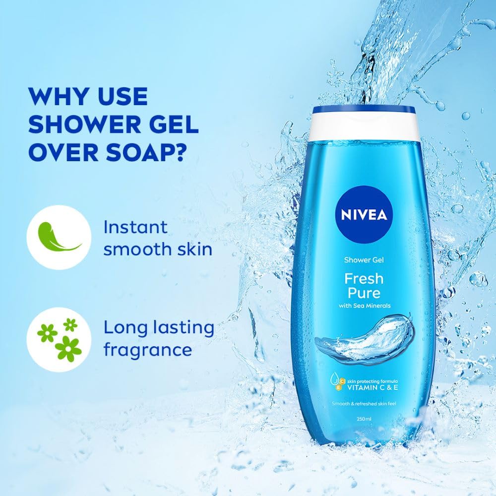 NIVEA Fresh Pure Refreshing Body Wash with Sea Minerals for Fresh, Clean Skin, Pure Glycerin, Vitamins C & E and Care Oil for Lasting Moisture, Shower Gel for Soft & Healthy & Moisturized Skin, 125 ml