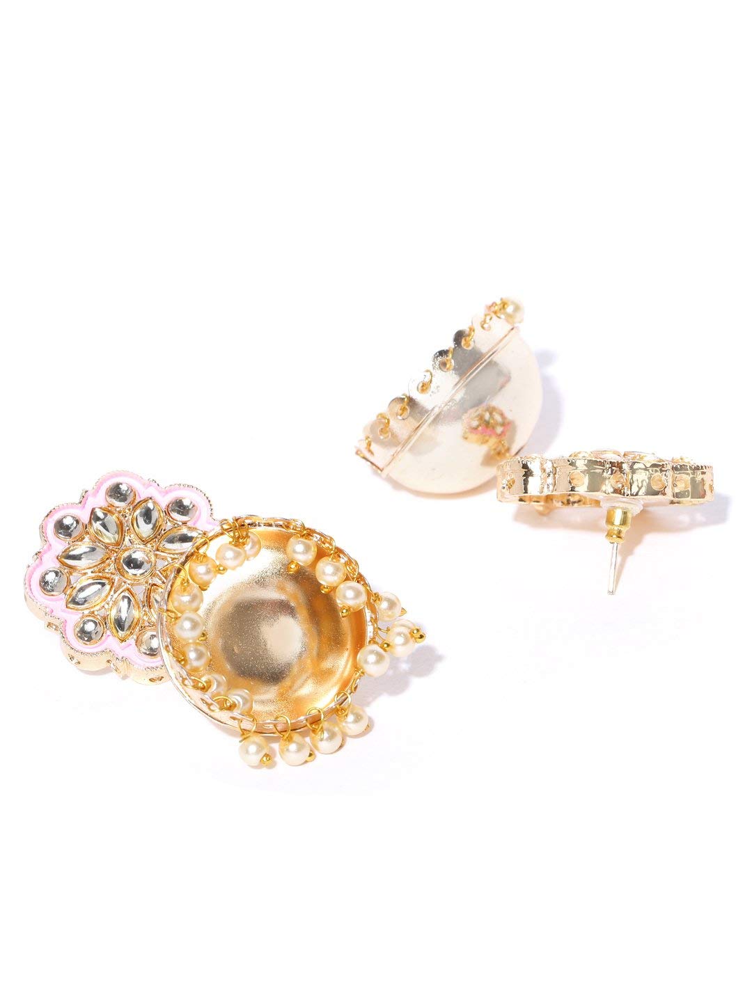 Priyaasi Gold-Plated Kundan Studded Floral Patterned Meenakari Jhumka Earrings in Pink Color with Pearls Drop