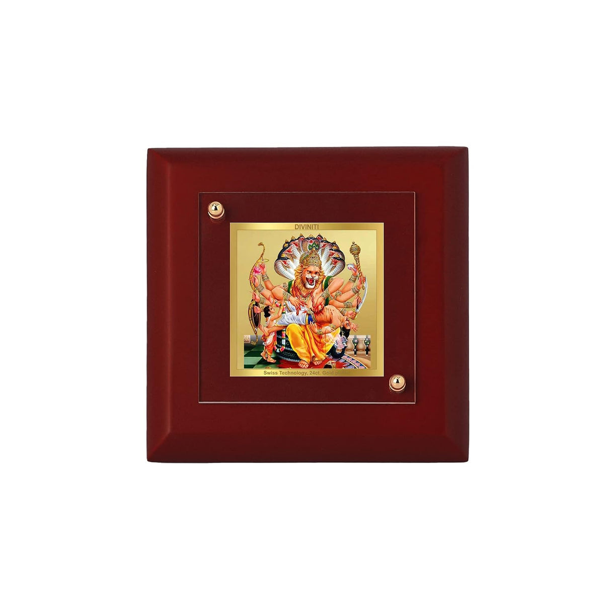 DIVINITI Lord Narasimha 24K Gold Plated MDF Photo Frame|Premium Religious Table Top Frame for Home, Office & Prayer Room|Luxury Spiritual Gift Item for Housewarming, Festive Gifting|10 x 10 CM
