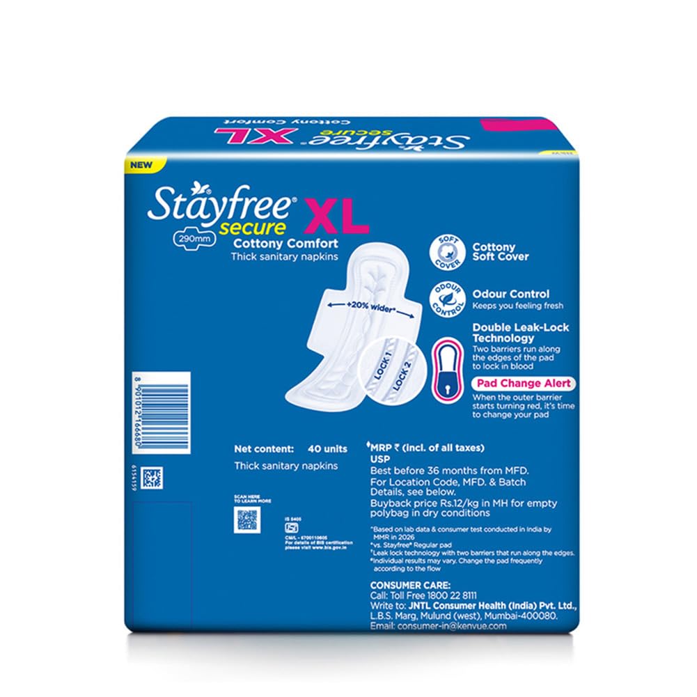 Stayfree Secure xl | Cottony Soft Sanitary Pads for Women | With LeakLock Technology | Odour Control | Absorbs upto 100% fluid | Up to 12 Hours of Protection | 40 Pads (Pack of 2)