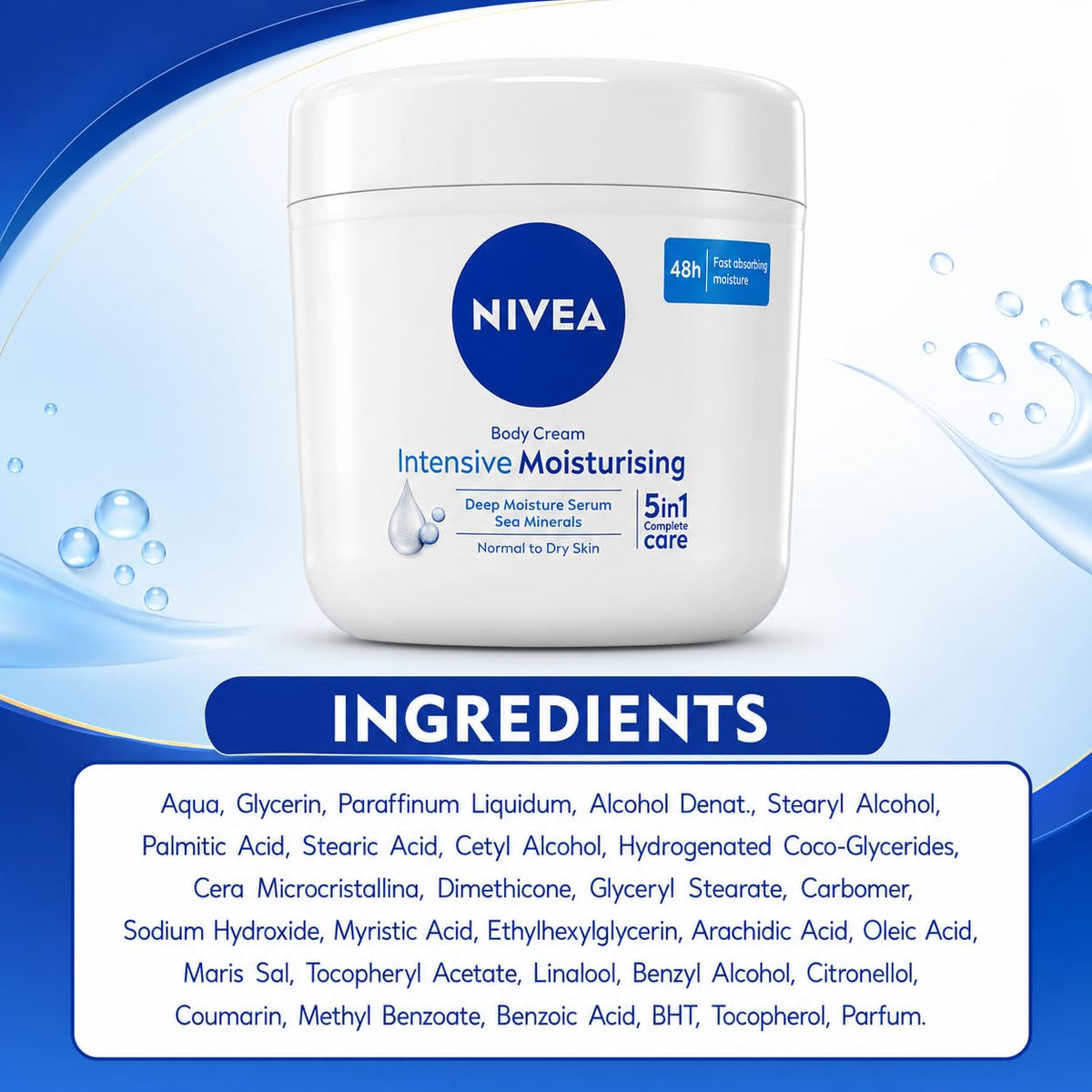 NIVEA Intensive Moisturising Body Cream with Deep Moisture Serum & Sea Minerals, 48H Fast-Absorbing Moisture, for Normal to Dry Skin, 400 ml