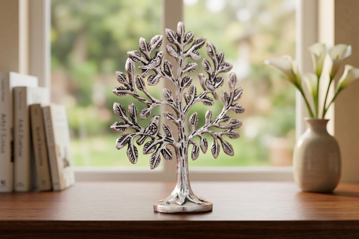 KridayKraft Metal Kalpavriksha Tree for Home Decor - Golden Wish Fulfilling Tree Metal Showpiece for Temple, Vastu, Office Table & Gifting Banyan (No 0 Silver)