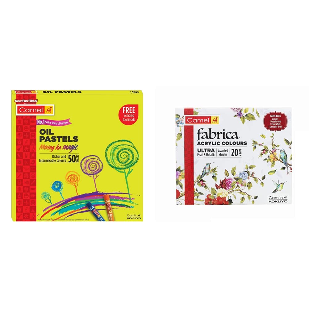 Camel Camlin Kokuyo Oil Pastel (50 Shades) Fabrica Acrylic Ultra Pearl and Metallic Colour Set - Pack of 20 (White)
