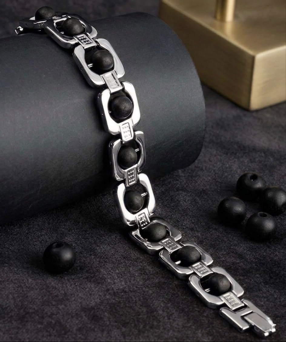 RUDRADIVINE Premium Silver Plated Karungali Wood Bracelet | Black Ebony Bead Elegant Bracelet